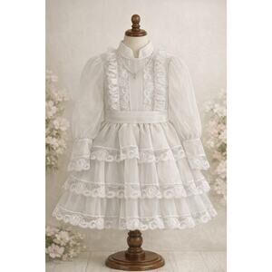 VTG 80s Girls Communion Dress 8 White Sheer Sleeves Lace Ruffles Pearl Necklace